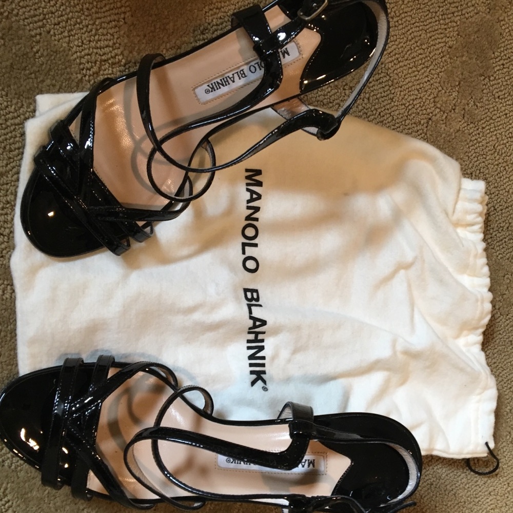 Manolo Blahnik Black Patent Leather Strappy Sandals